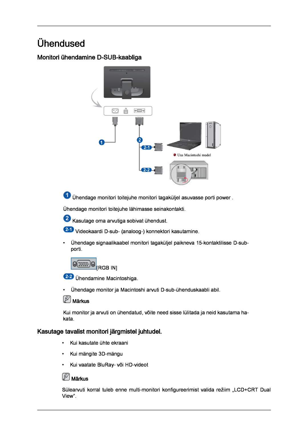 Samsung LS22LFUGFY/EN manual Ühendused, Monitori ühendamine D-SUB-kaabliga, Kasutage tavalist monitori järgmistel juhtudel 