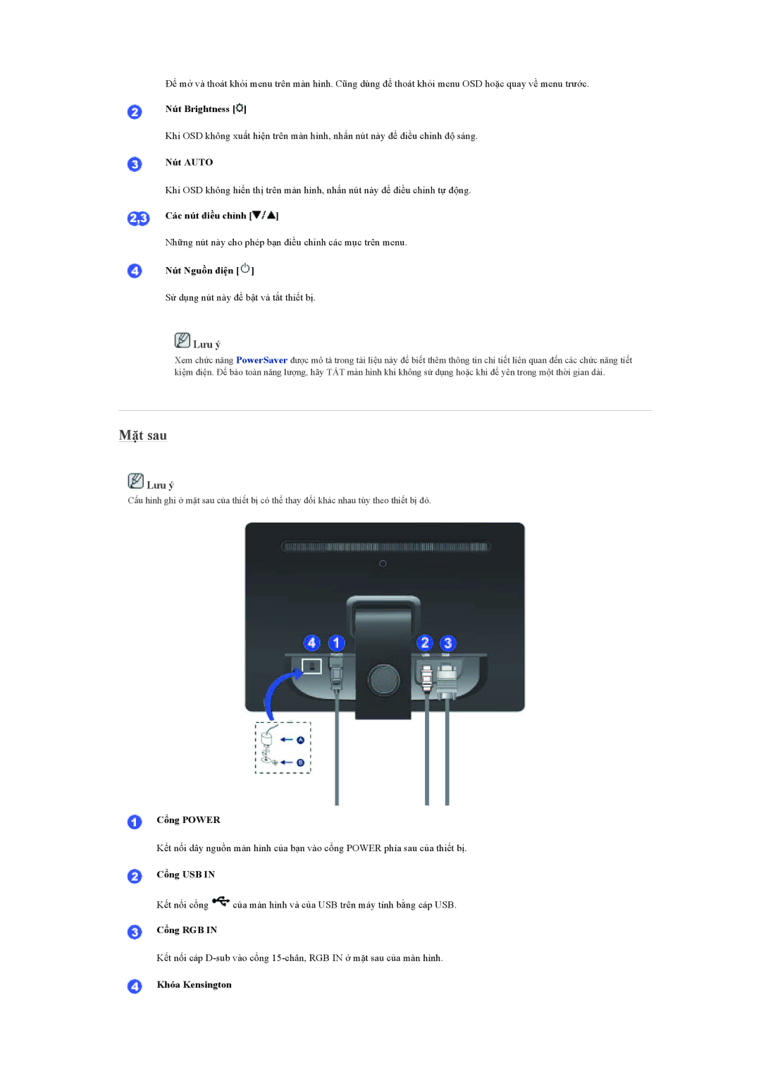 Samsung LS22LFUGFZ/XT, LS19LFUGFZMXV manual Mặt sau, Khóa Kensington 