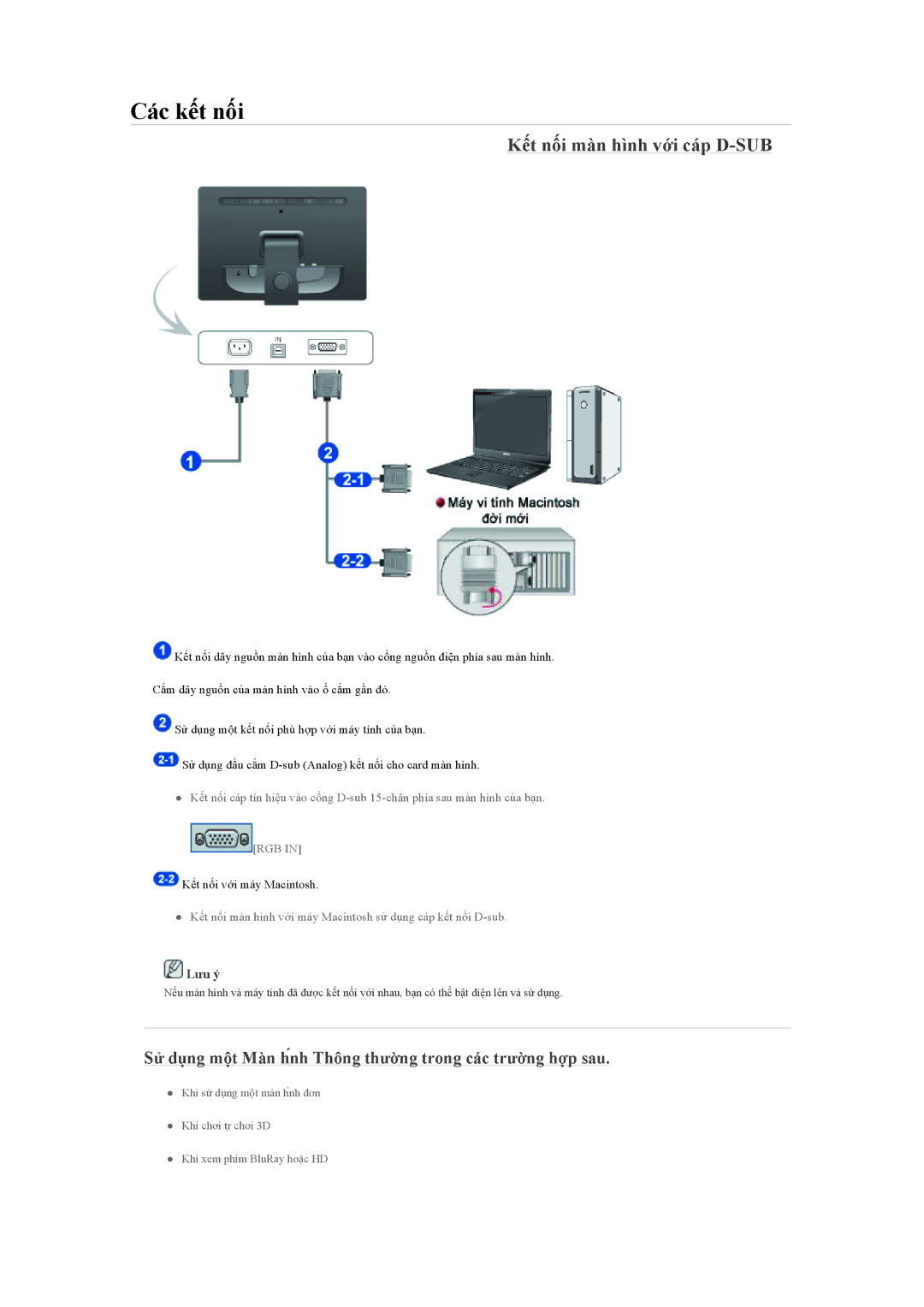 Samsung LS22LFUGFZ/XT, LS19LFUGFZMXV manual Các kết nối, Kết nối màn hình với cáp D-SUB 