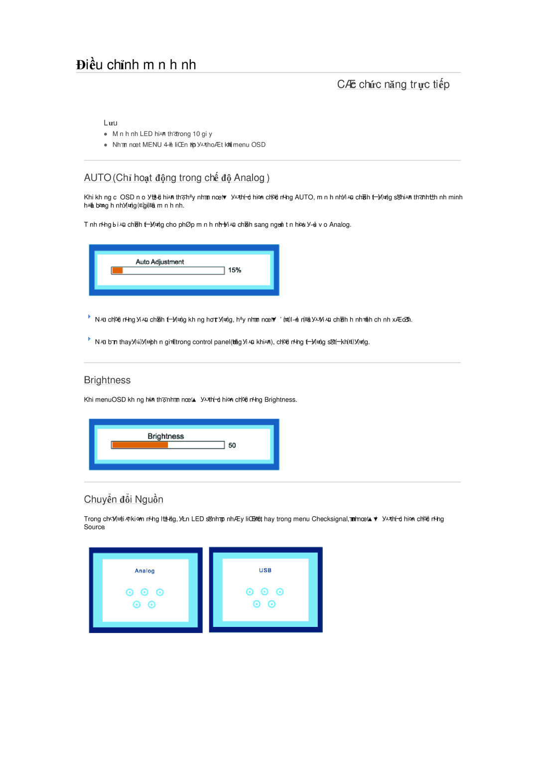 Samsung LS22LFUGFZ/XT Điều chỉnh màn hình, Các chức năng trực tiếp, AUTOChỉ hoạt động trong chế độ Analog, Brightness 