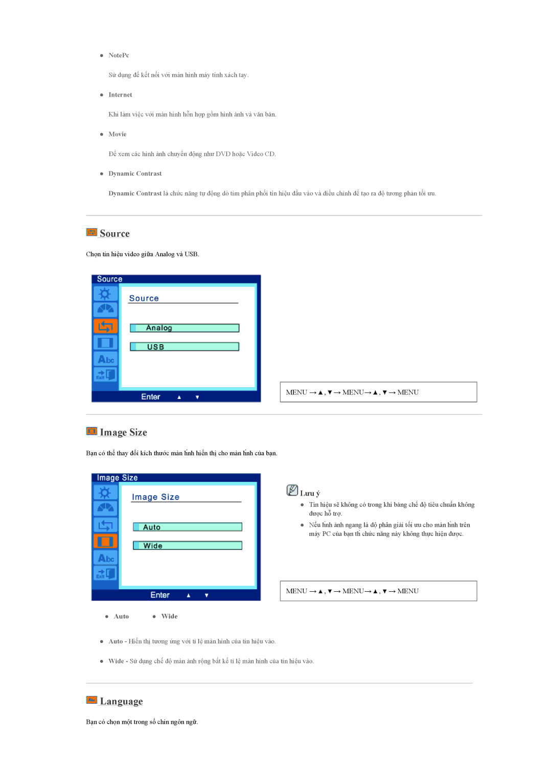 Samsung LS22LFUGFZ/XT, LS19LFUGFZMXV manual Source, Image Size, Language 