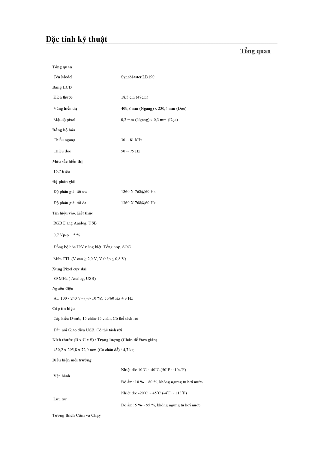 Samsung LS22LFUGFZ/XT, LS19LFUGFZMXV manual Đặc tính kỹ thuật, Tổng quan 