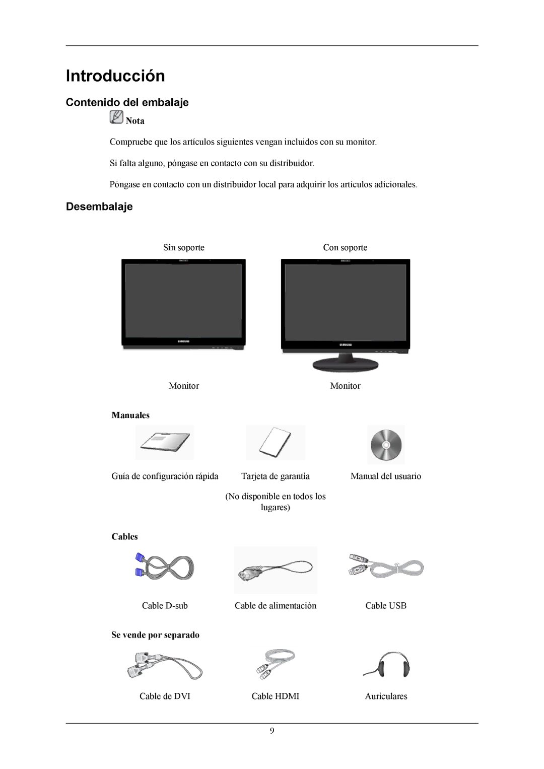 Samsung LS22LIUJFV/EN, LS22LIUJFV/EDC manual Introducción, Contenido del embalaje, Desembalaje 