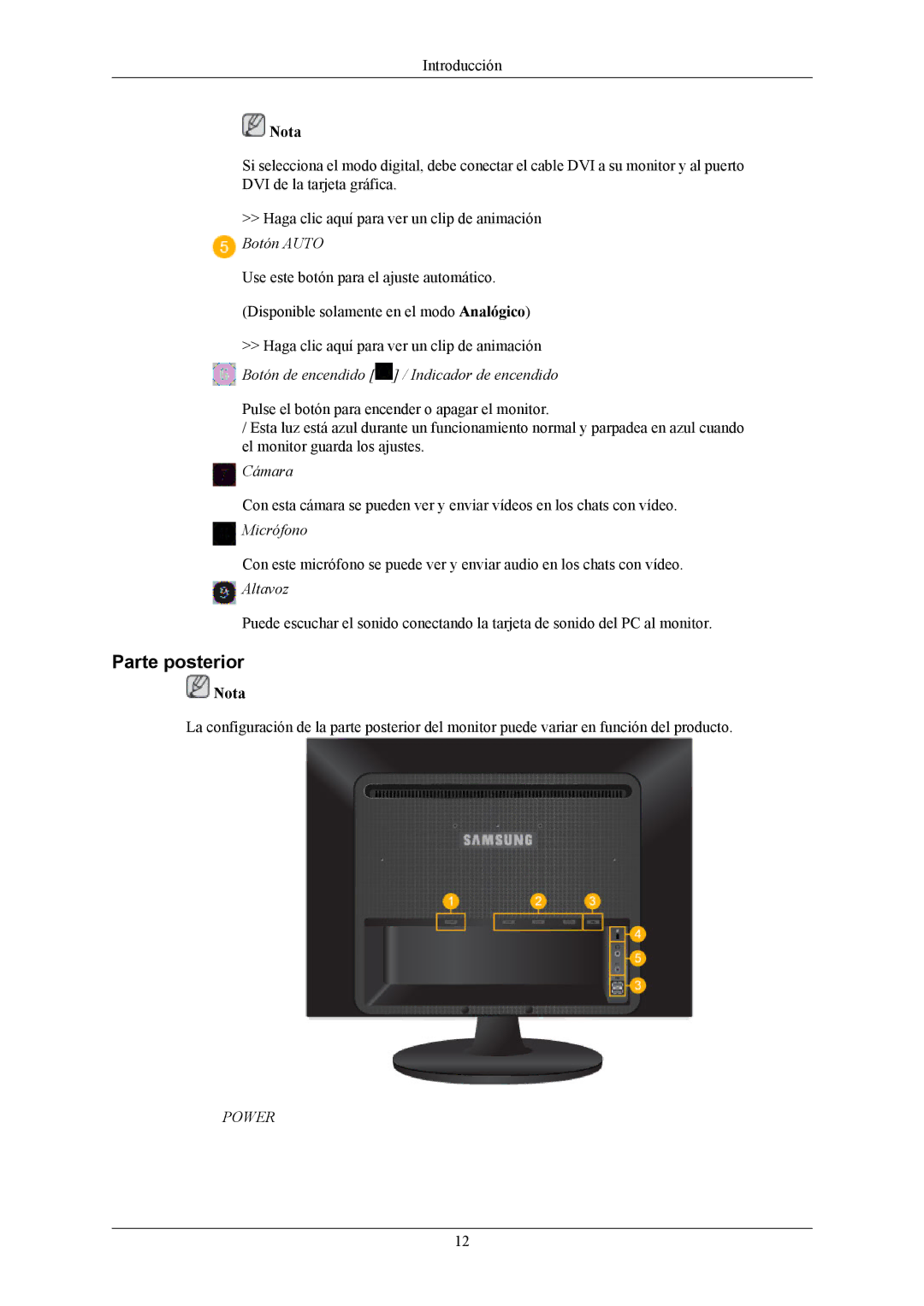 Samsung LS22LIUJFV/EDC, LS22LIUJFV/EN manual Parte posterior, Botón de encendido / Indicador de encendido 