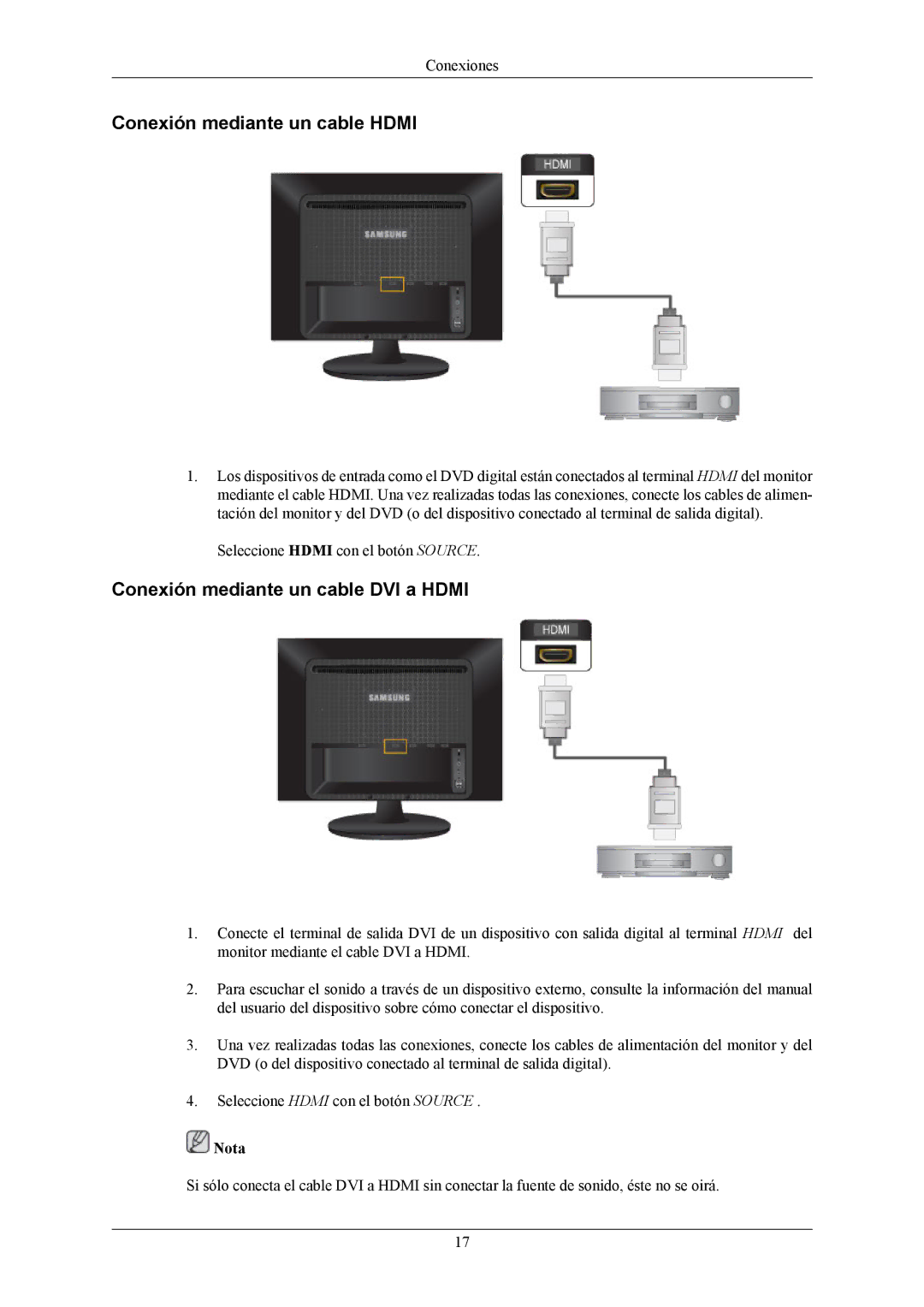 Samsung LS22LIUJFV/EN, LS22LIUJFV/EDC manual Conexión mediante un cable Hdmi, Conexión mediante un cable DVI a Hdmi 