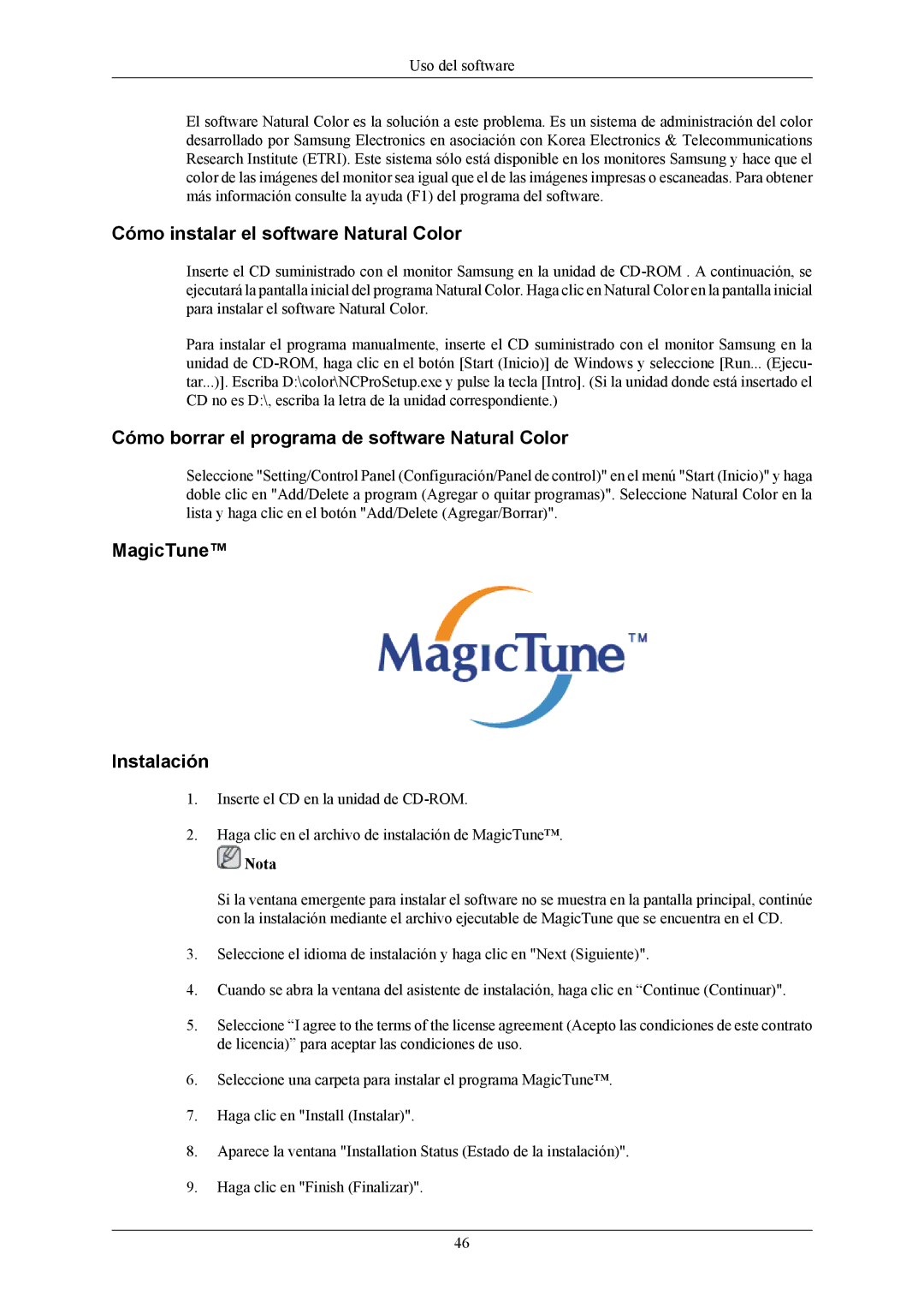 Samsung LS22LIUJFV/EDC manual Cómo instalar el software Natural Color, Cómo borrar el programa de software Natural Color 