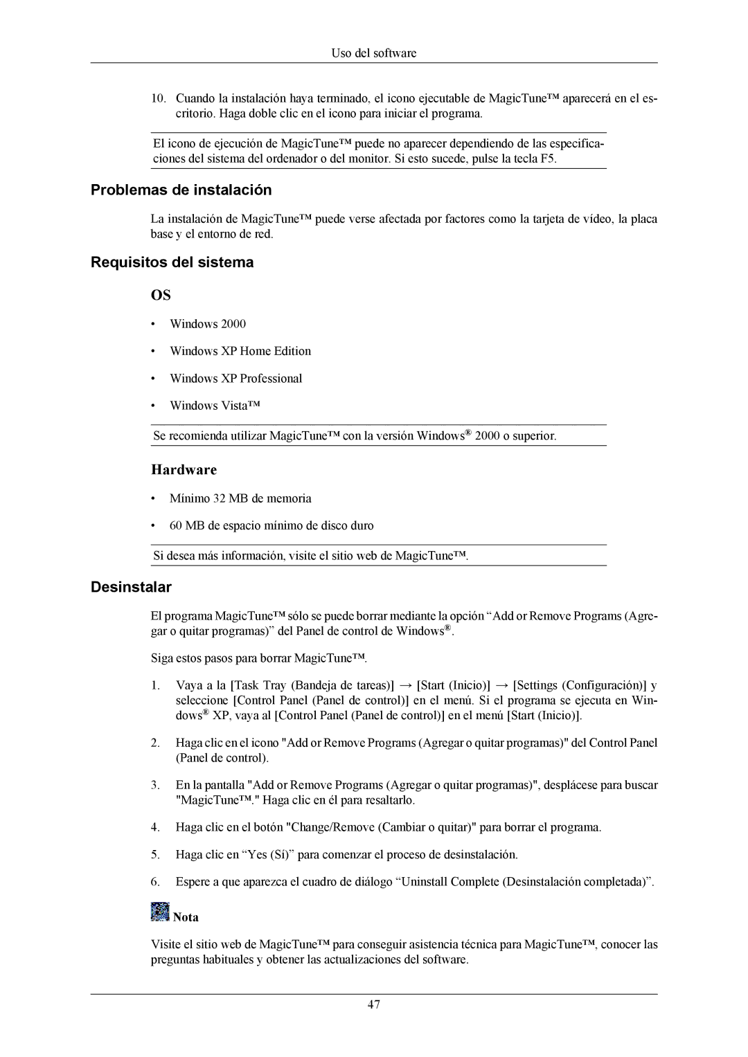 Samsung LS22LIUJFV/EN, LS22LIUJFV/EDC manual Problemas de instalación, Requisitos del sistema, Desinstalar 