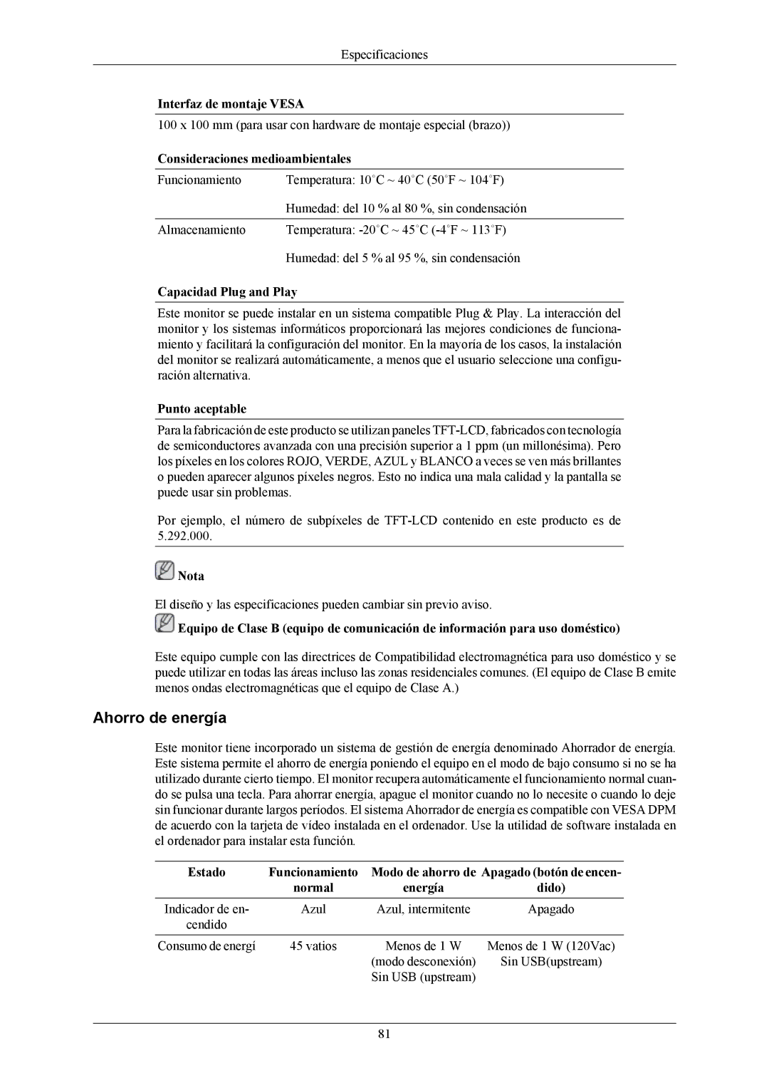 Samsung LS22LIUJFV/EN, LS22LIUJFV/EDC manual Ahorro de energía, Consideraciones medioambientales 