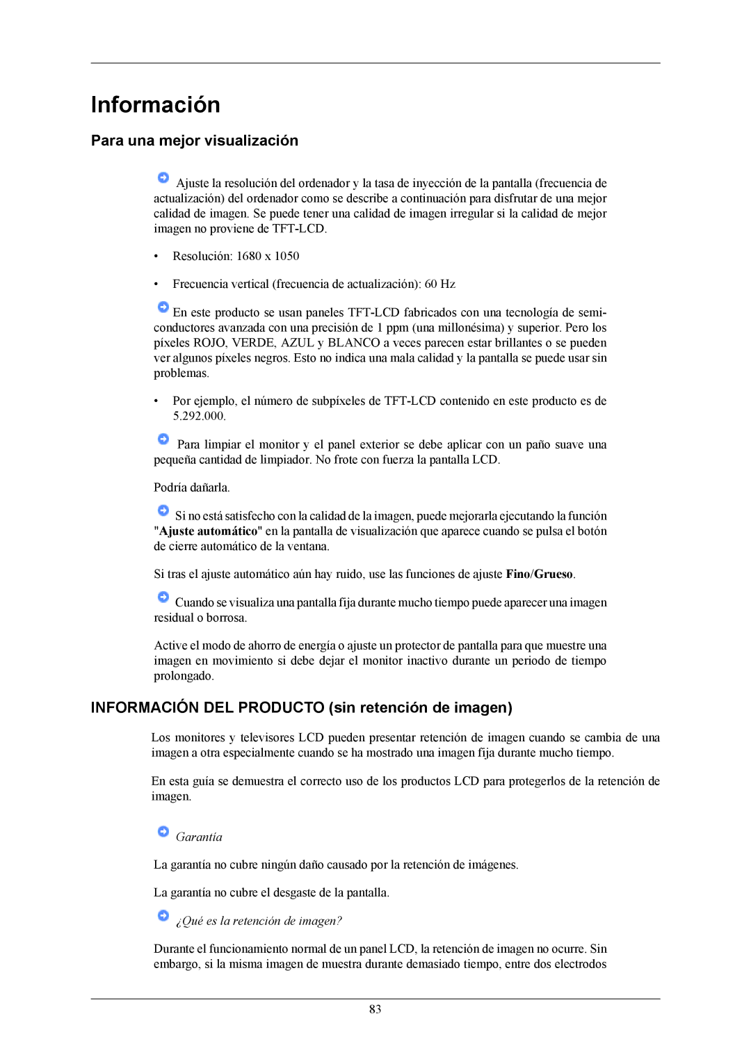 Samsung LS22LIUJFV/EN, LS22LIUJFV/EDC Para una mejor visualización, Información DEL Producto sin retención de imagen 