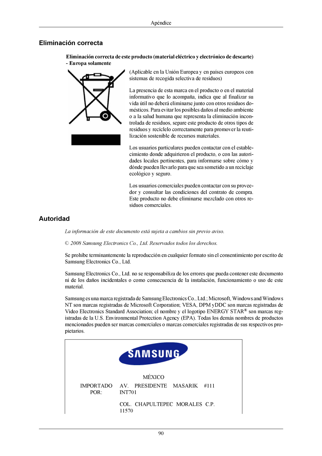 Samsung LS22LIUJFV/EDC, LS22LIUJFV/EN manual Eliminación correcta, Autoridad 