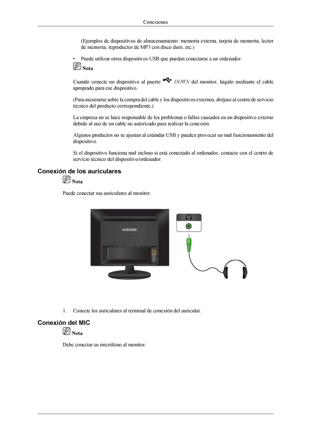 Samsung LS22LIUJFV/EN, LS22LIUJFV/EDC manual Conexión de los auriculares, Conexión del MIC 