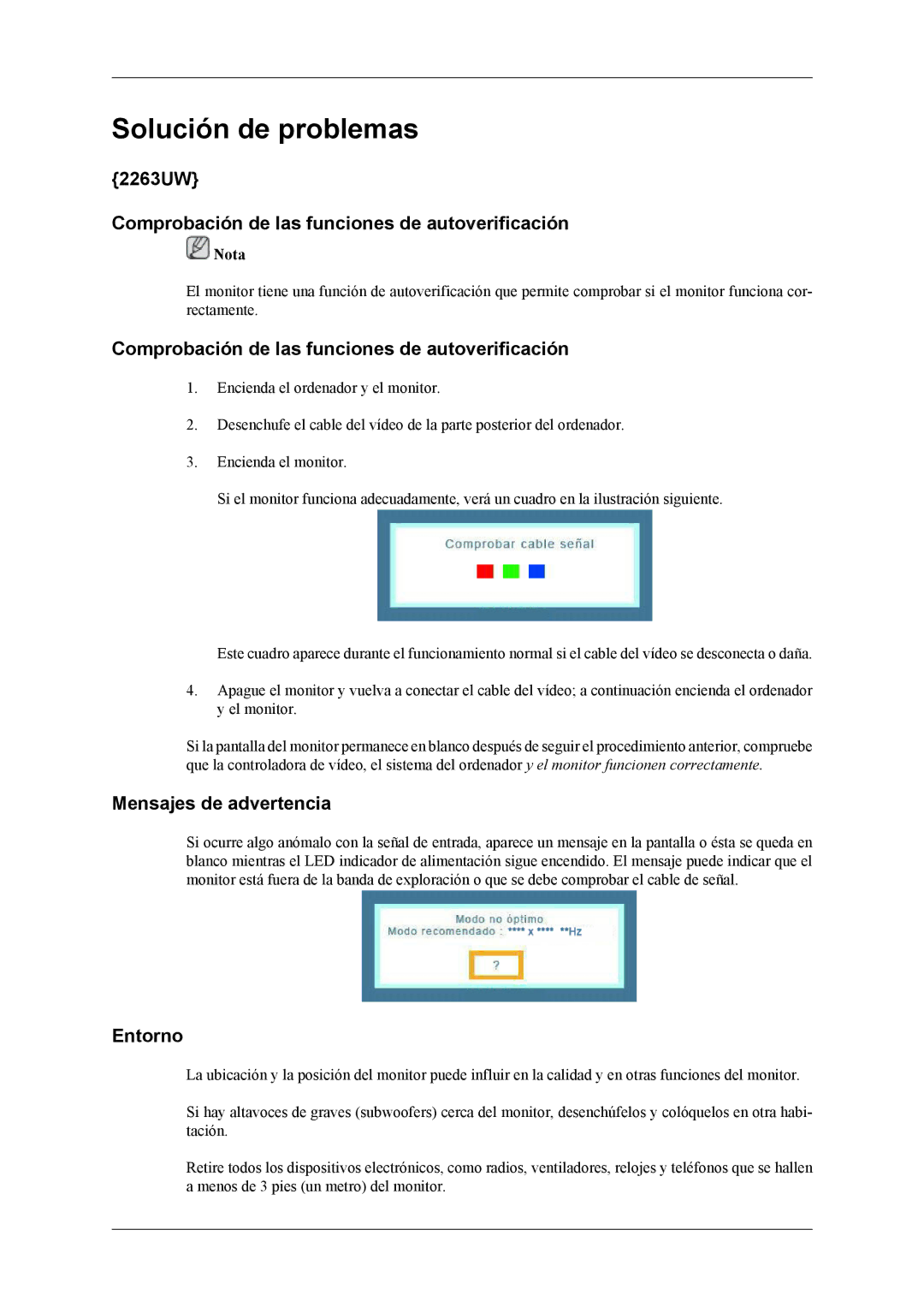 Samsung LS22LIUJFV/EN manual 2263UW Comprobación de las funciones de autoverificación, Mensajes de advertencia, Entorno 