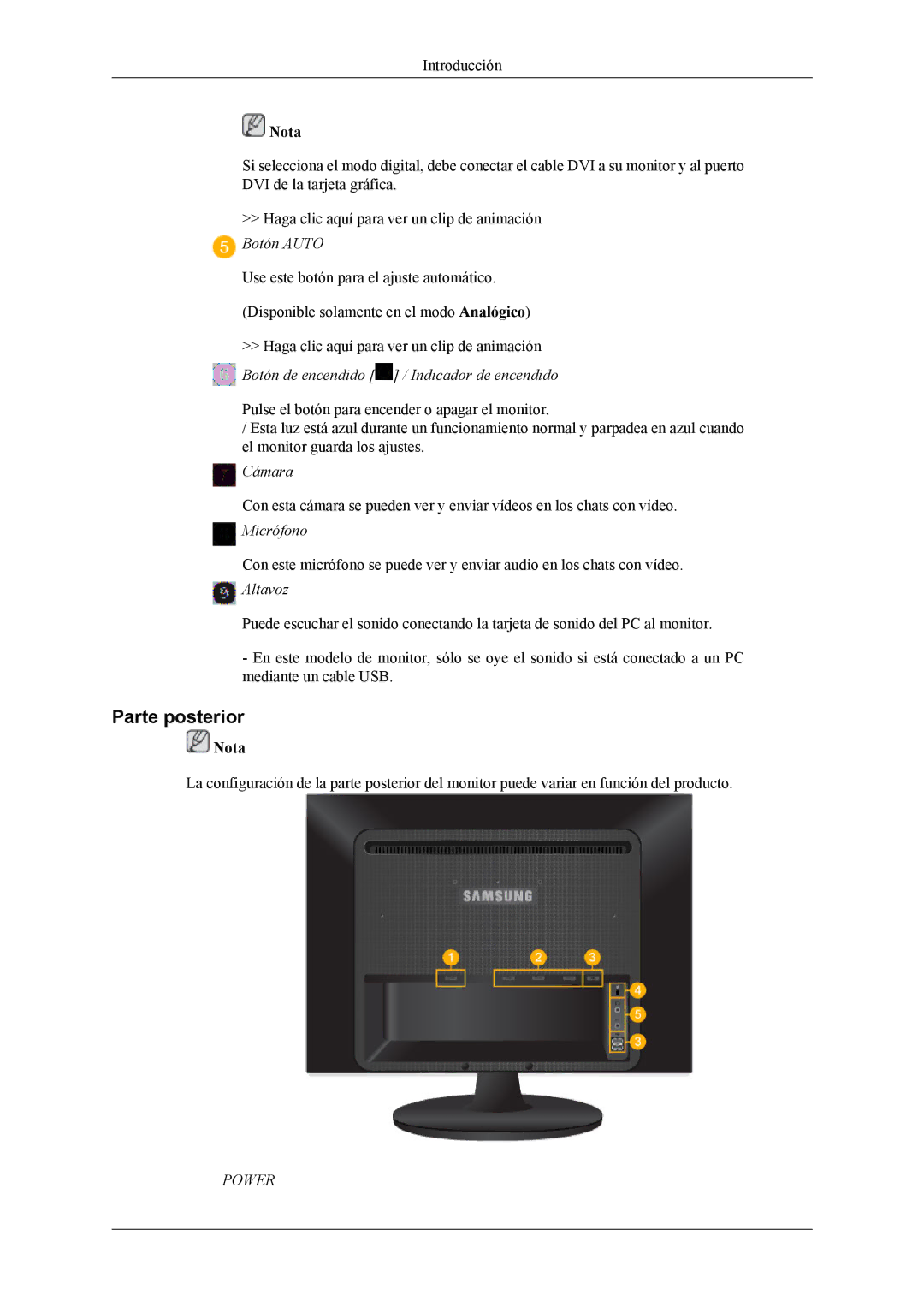 Samsung LS22LIUJFV/EDC, LS22LIUJFV/EN manual Parte posterior, Botón de encendido / Indicador de encendido 