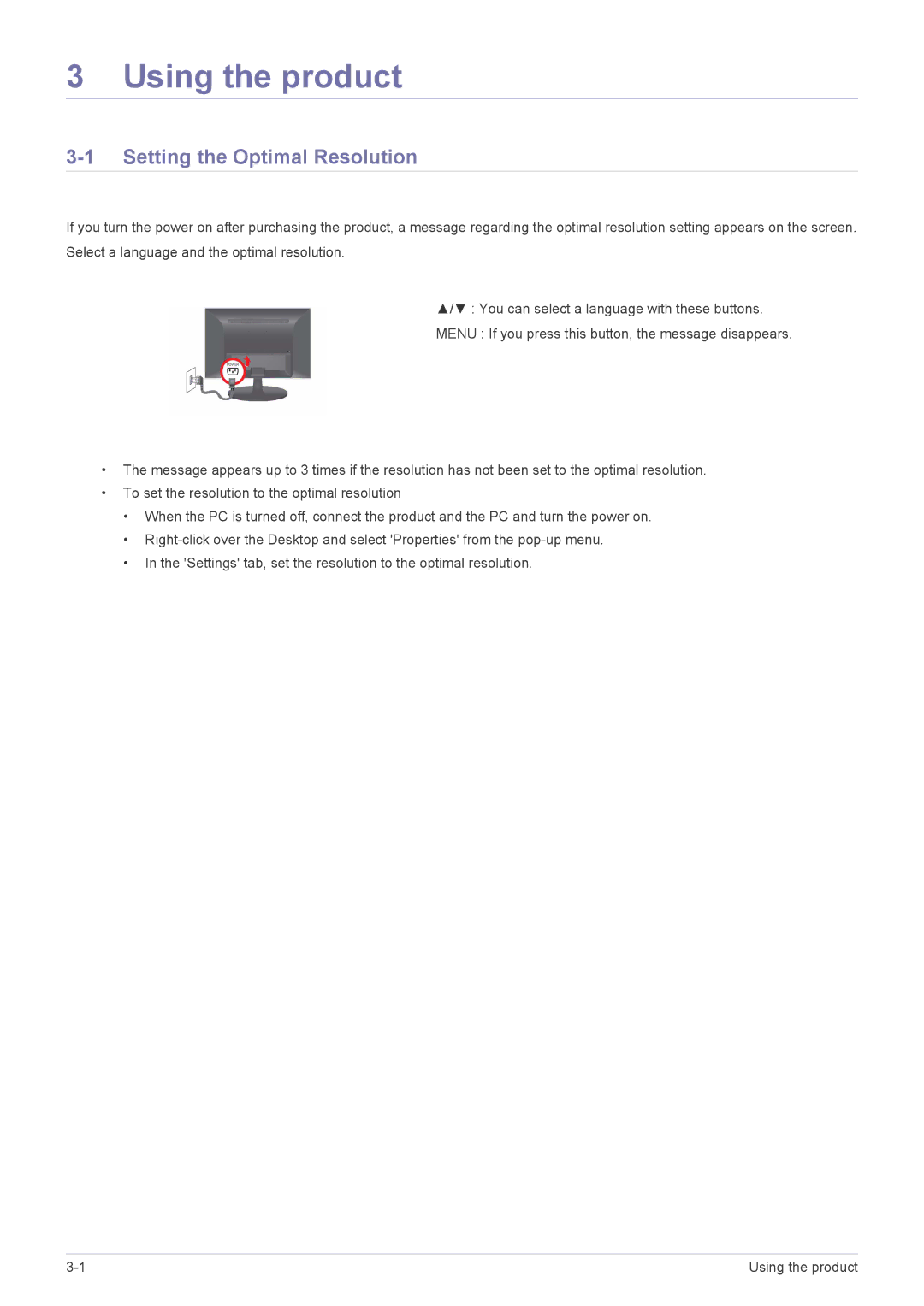 Samsung LS22LRKKUV/EN, LS22LRKKUV/CH manual Using the product, Setting the Optimal Resolution 