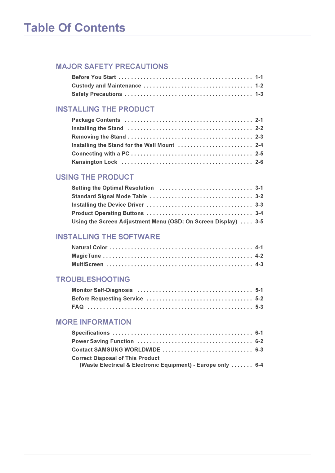 Samsung LS22LRKKUV/EN, LS22LRKKUV/CH manual Table Of Contents 