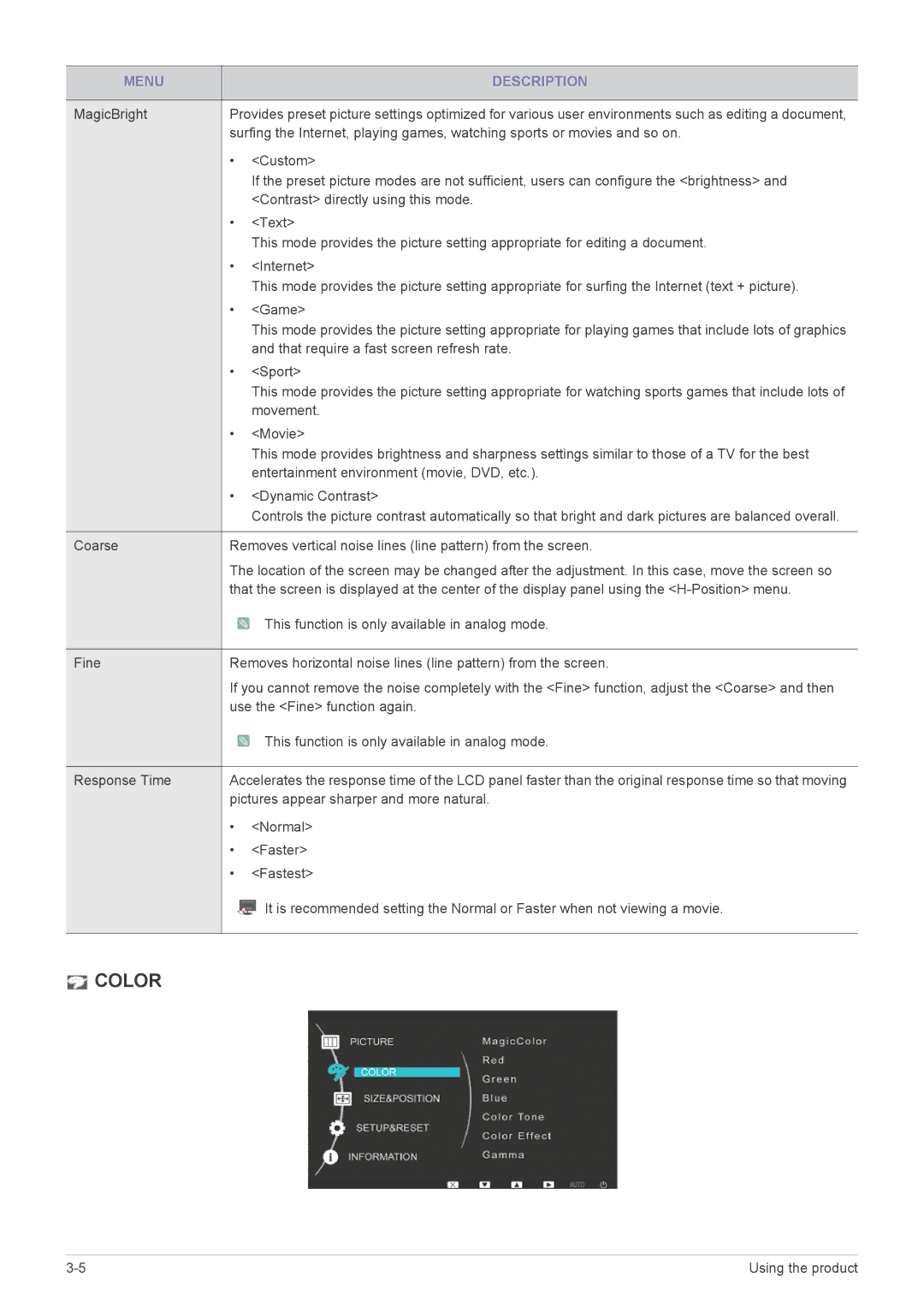 Samsung LS22LRKKUV/EN, LS22LRKKUV/CH manual Color 