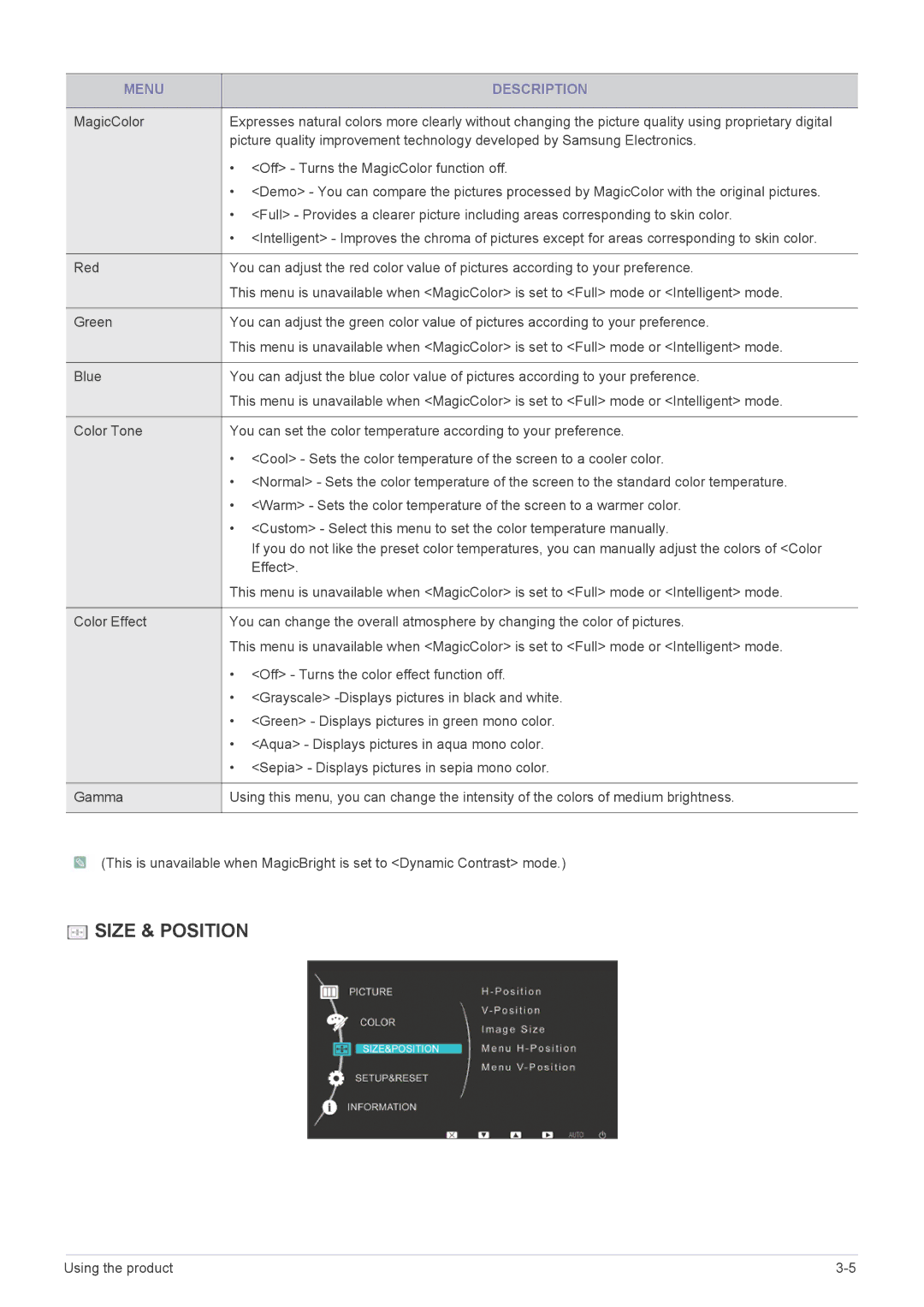 Samsung LS22LRKKUV/CH, LS22LRKKUV/EN manual Size & Position 