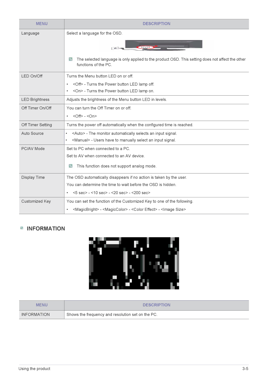 Samsung LS22LRKKUV/CH manual Language Select a language for the OSD, Shows the frequency and resolution set on the PC 