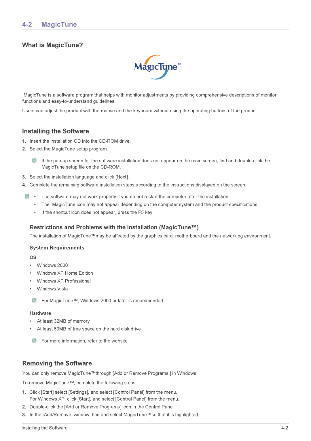 Samsung LS22LRKKUV/CH, LS22LRKKUV/EN manual What is MagicTune?, Installing the Software, Removing the Software, Hardware 