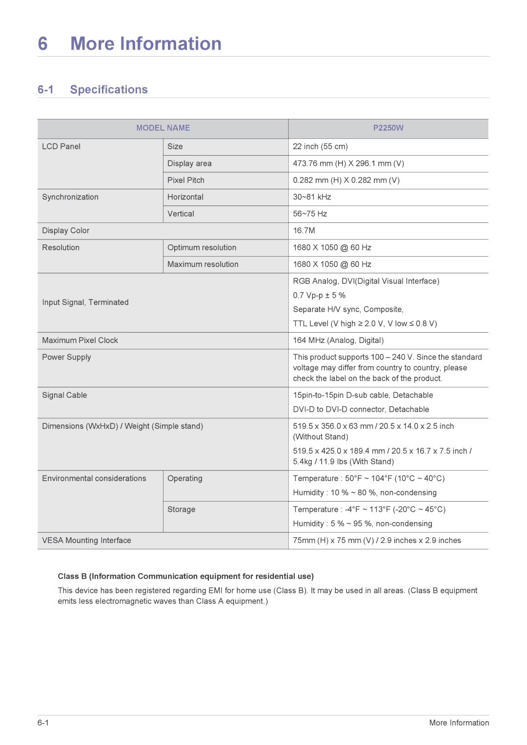 Samsung LS22LRKKUV/EN, LS22LRKKUV/CH manual More Information, Specifications, Model Name 