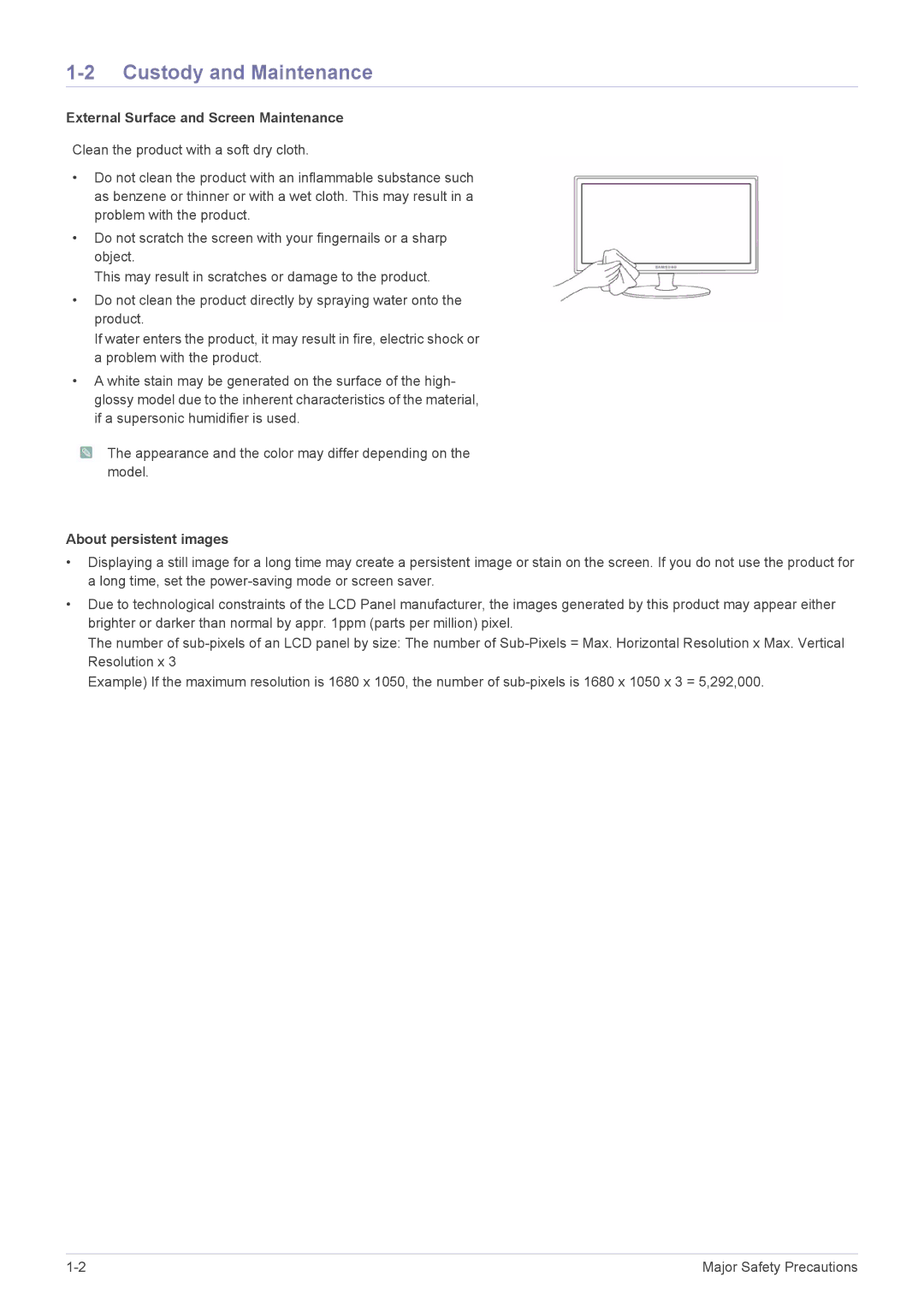 Samsung LS22LRKKUV/EN manual Custody and Maintenance, External Surface and Screen Maintenance, About persistent images 