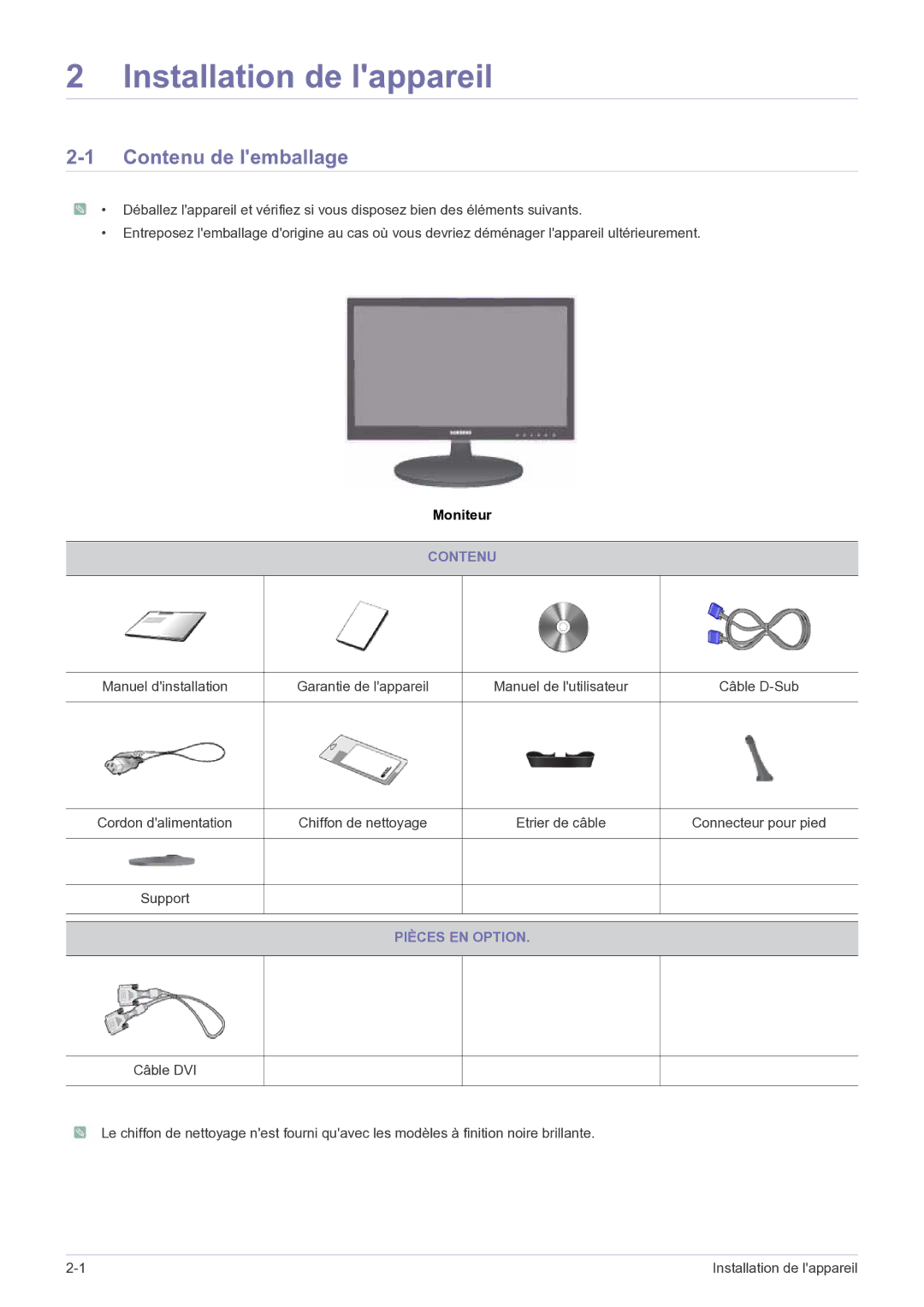 Samsung LS22LRKKUV/EN manual Installation de lappareil, Contenu de lemballage, Pièces EN Option 