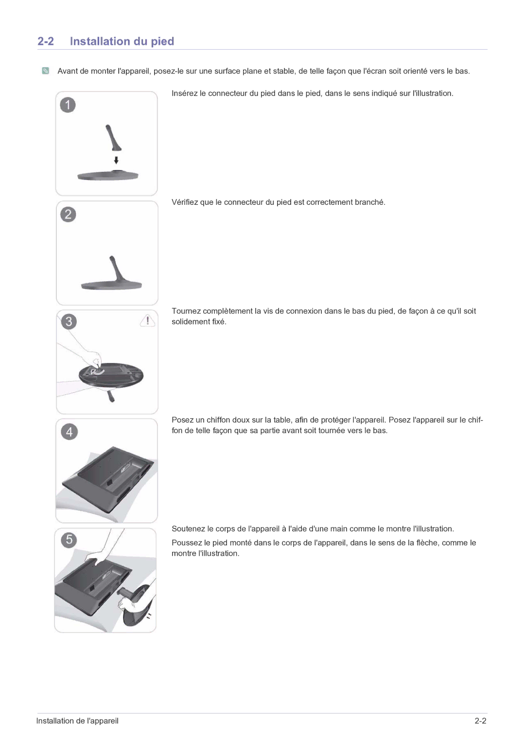 Samsung LS22LRKKUV/EN manual Installation du pied 