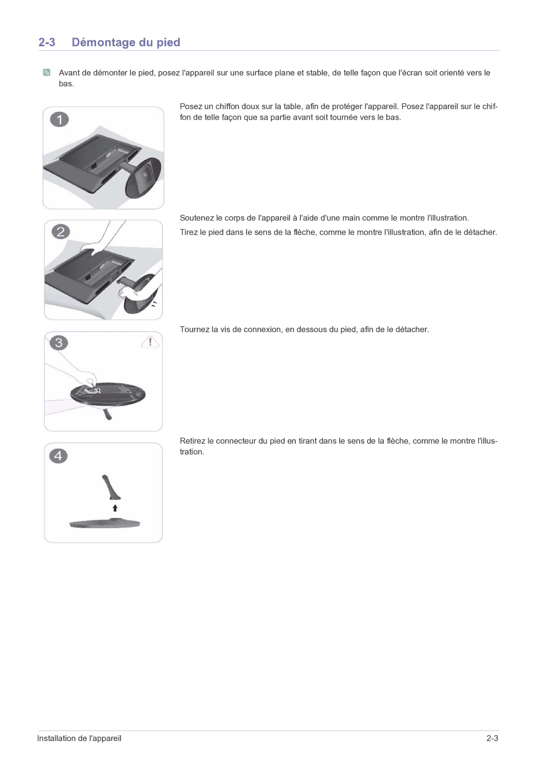 Samsung LS22LRKKUV/EN manual Démontage du pied 