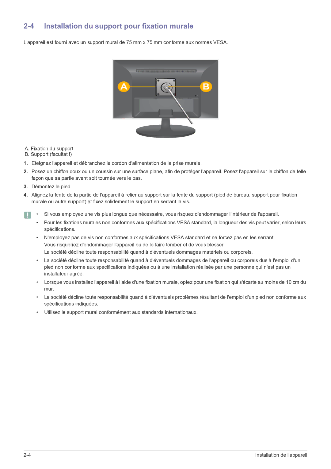 Samsung LS22LRKKUV/EN manual Installation du support pour fixation murale 