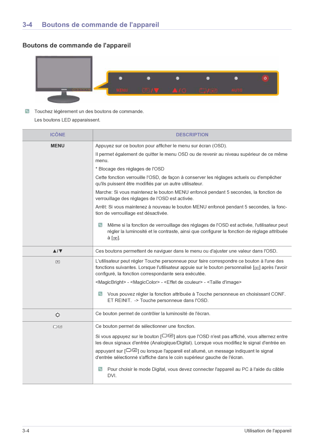 Samsung LS22LRKKUV/EN manual Boutons de commande de lappareil, Icône Description 