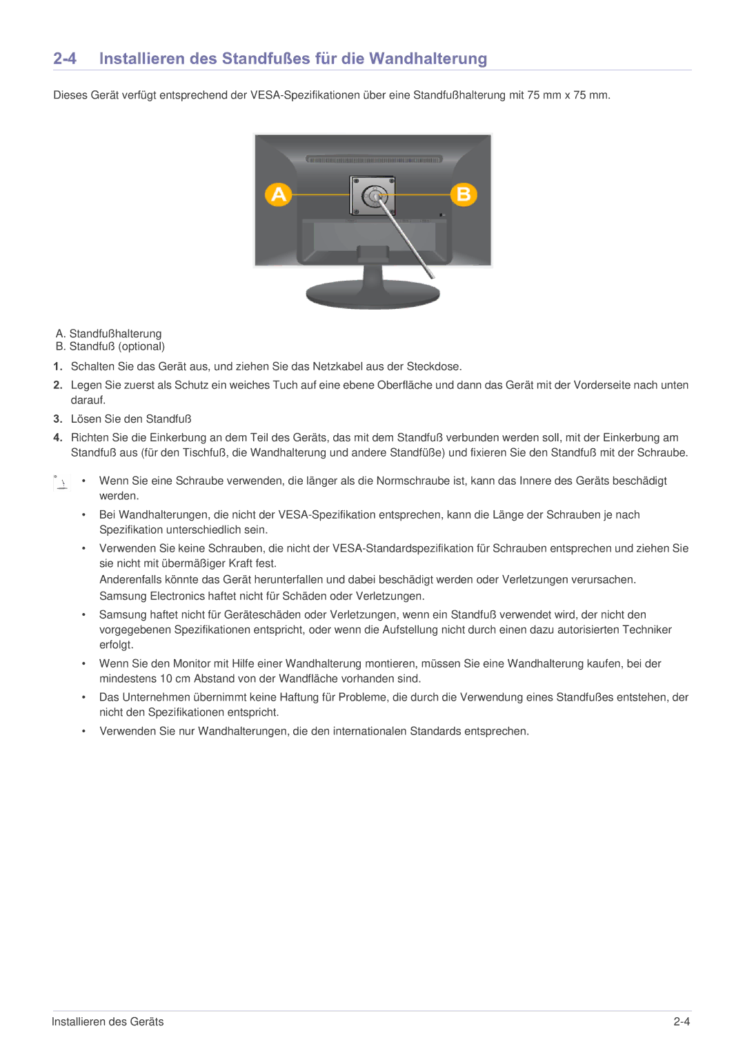 Samsung LS22LRKKUV/EN manual Installieren des Standfußes für die Wandhalterung 