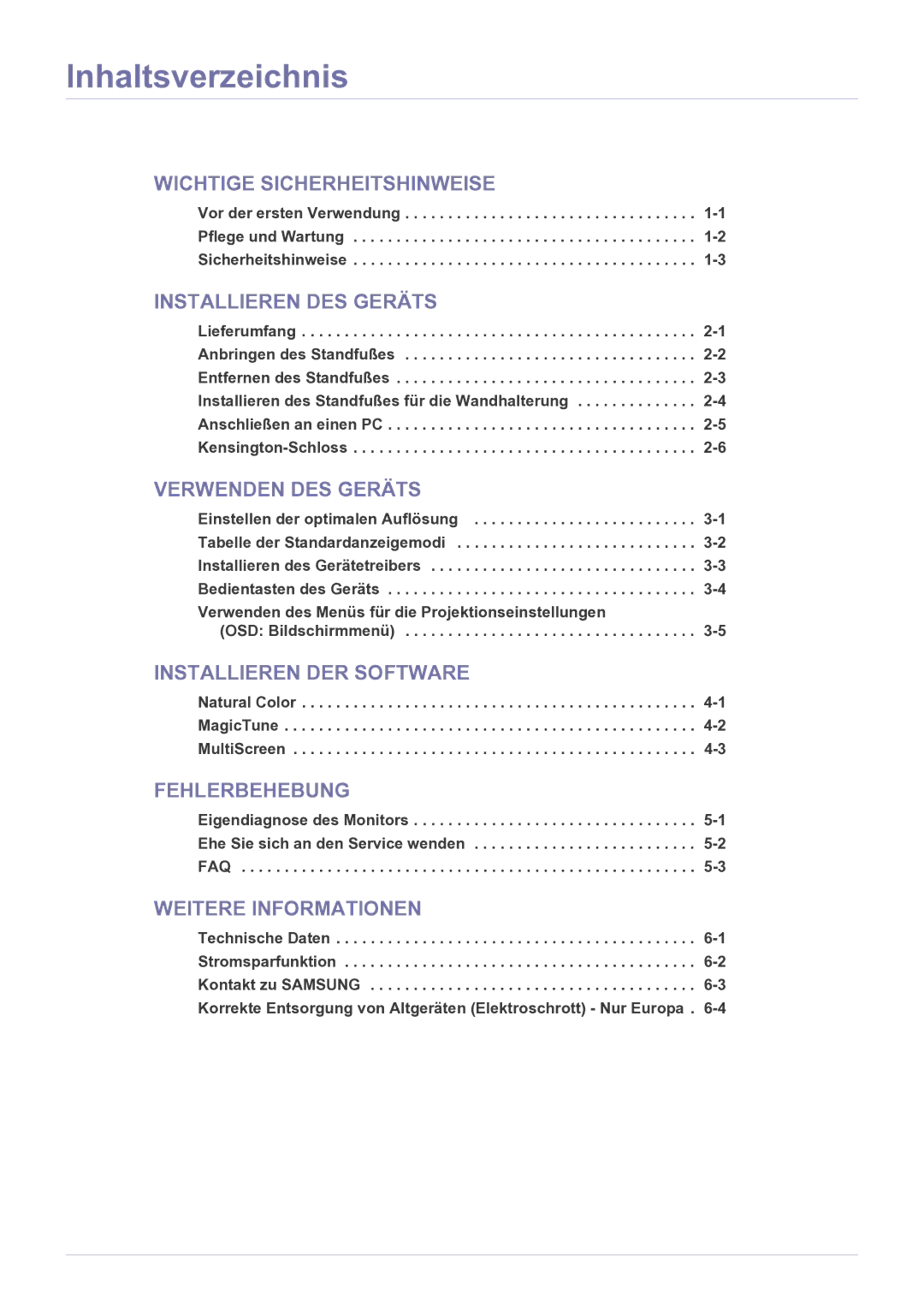 Samsung LS22LRKKUV/EN manual Inhaltsverzeichnis, OSD Bildschirmmenü 