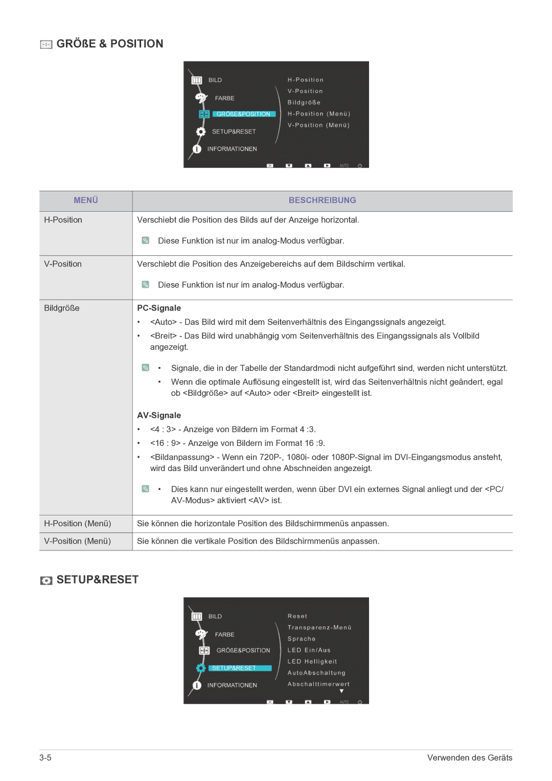 Samsung LS22LRKKUV/EN manual GRÖßE & Position, PC-Signale, AV-Signale 