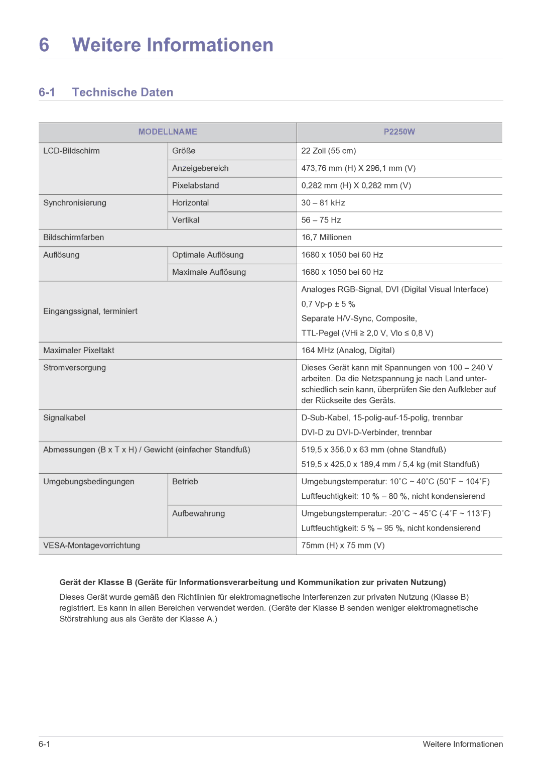 Samsung LS22LRKKUV/EN manual Weitere Informationen, Technische Daten, Modellname 