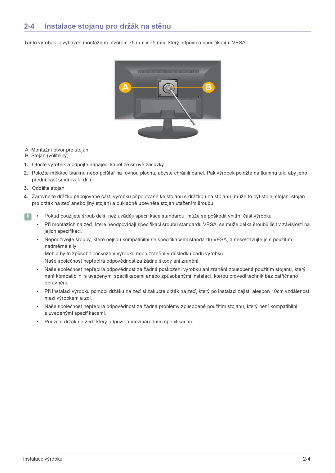 Samsung LS22LRKKUV/EN manual Instalace stojanu pro držák na stěnu 