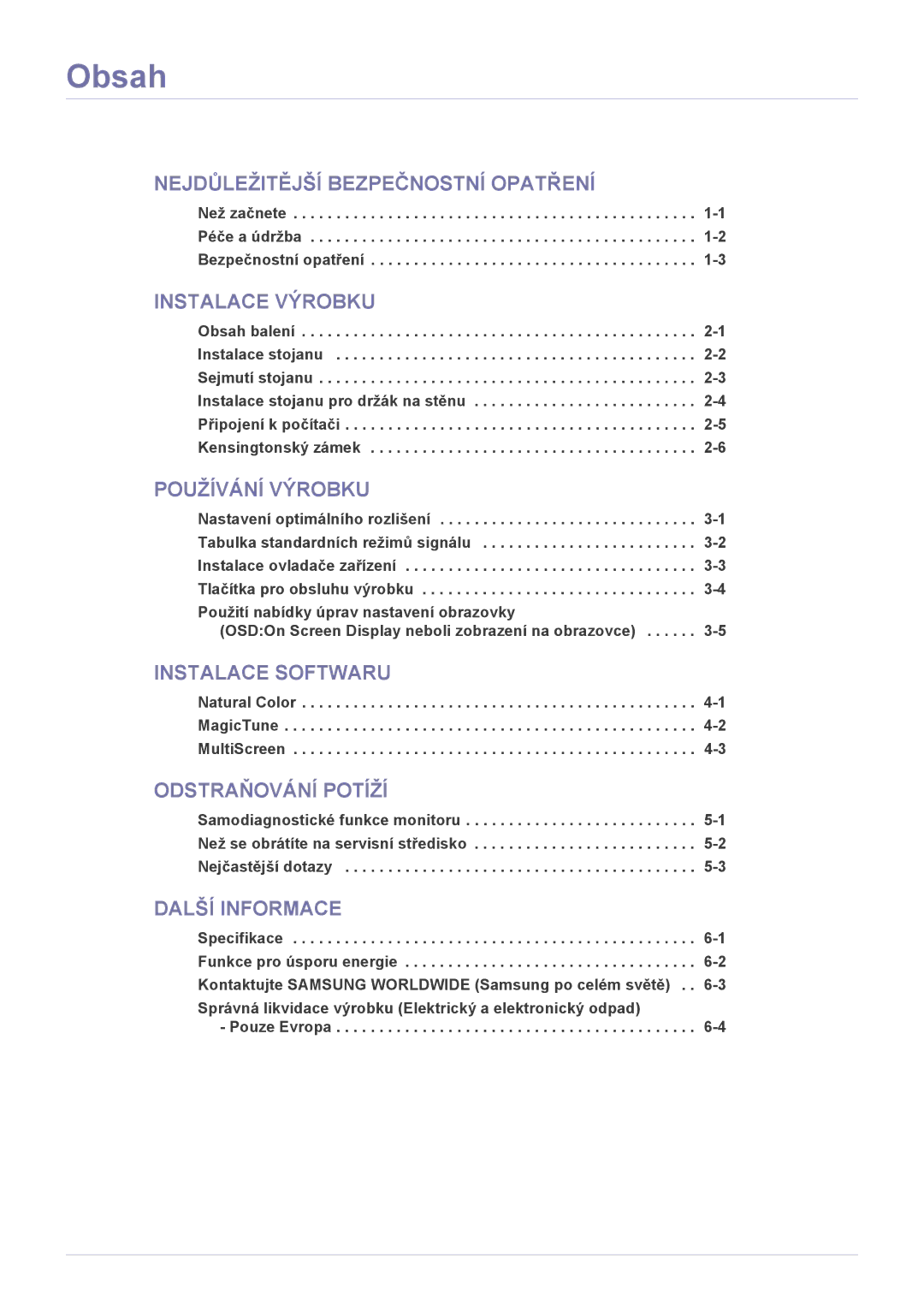 Samsung LS22LRKKUV/EN manual Obsah, Než začnete -1 Péče a údržba -2 Bezpečnostní opatření 