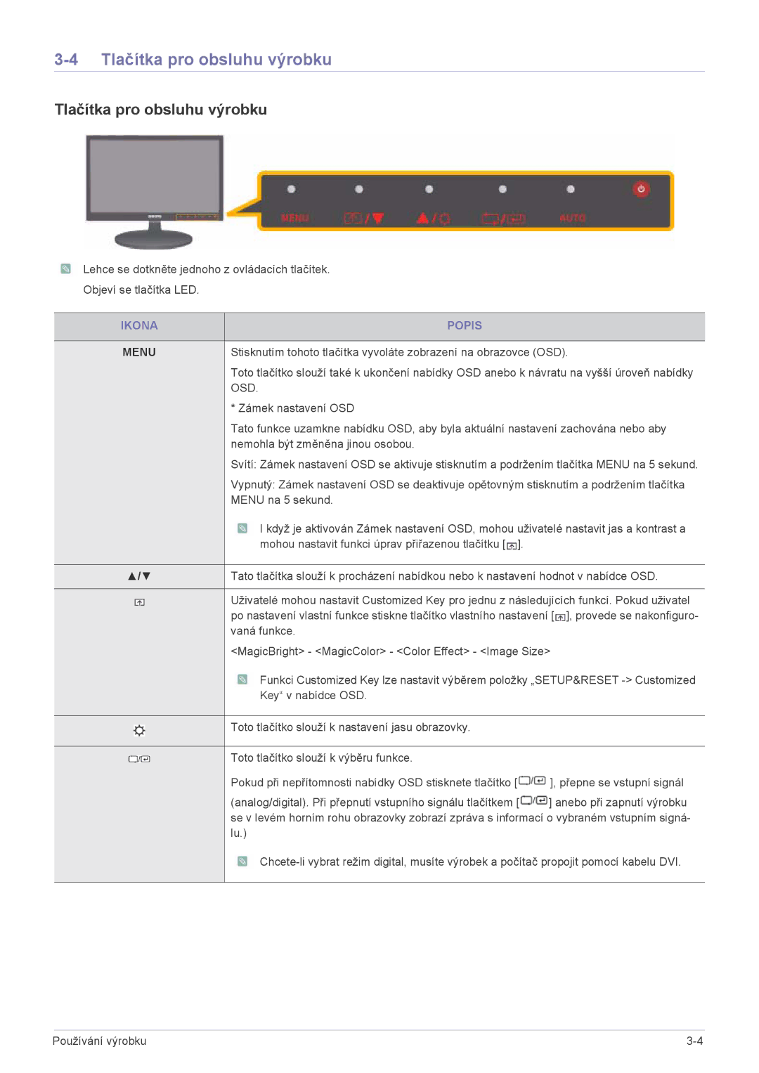 Samsung LS22LRKKUV/EN manual Tlačítka pro obsluhu výrobku, Ikona Popis 