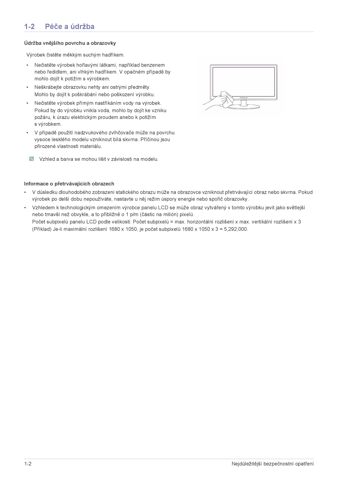 Samsung LS22LRKKUV/EN manual Péče a údržba, Údržba vnějšího povrchu a obrazovky, Informace o přetrvávajících obrazech 