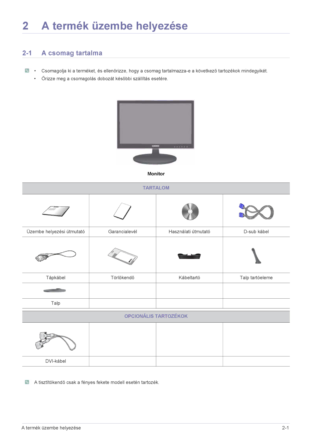 Samsung LS22LRKKUV/EN manual Termék üzembe helyezése, Csomag tartalma, Tartalom, Opcionális Tartozékok 