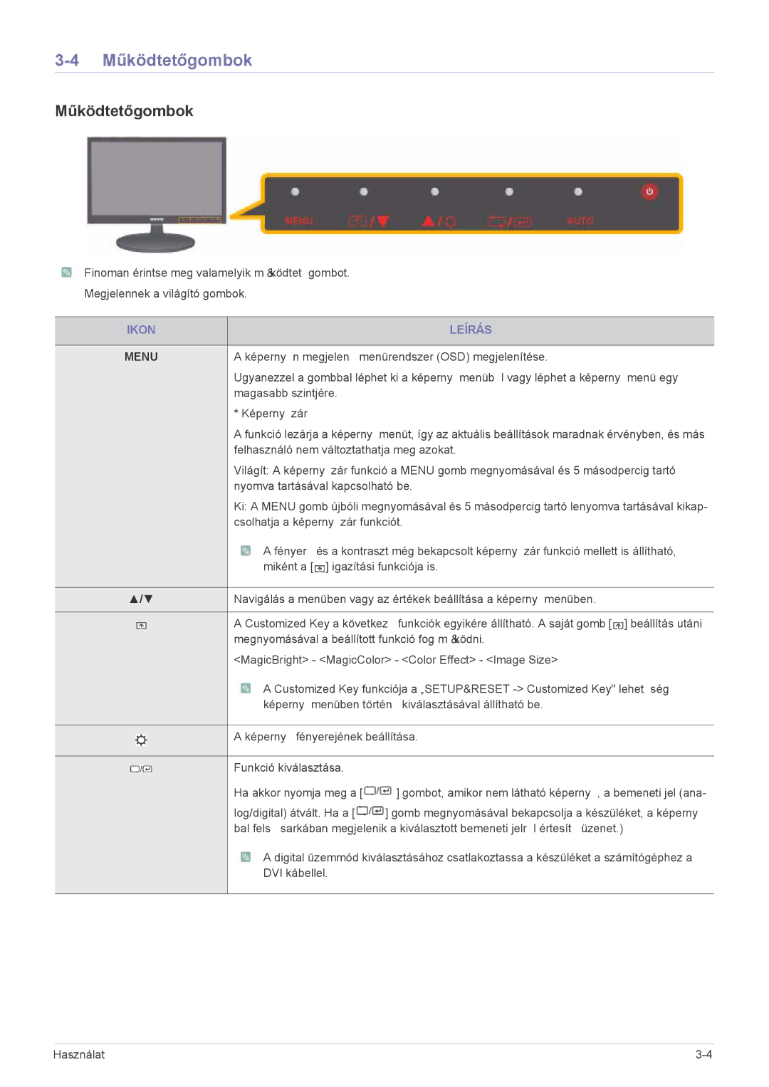 Samsung LS22LRKKUV/EN manual Működtetőgombok, Ikon Leírás 