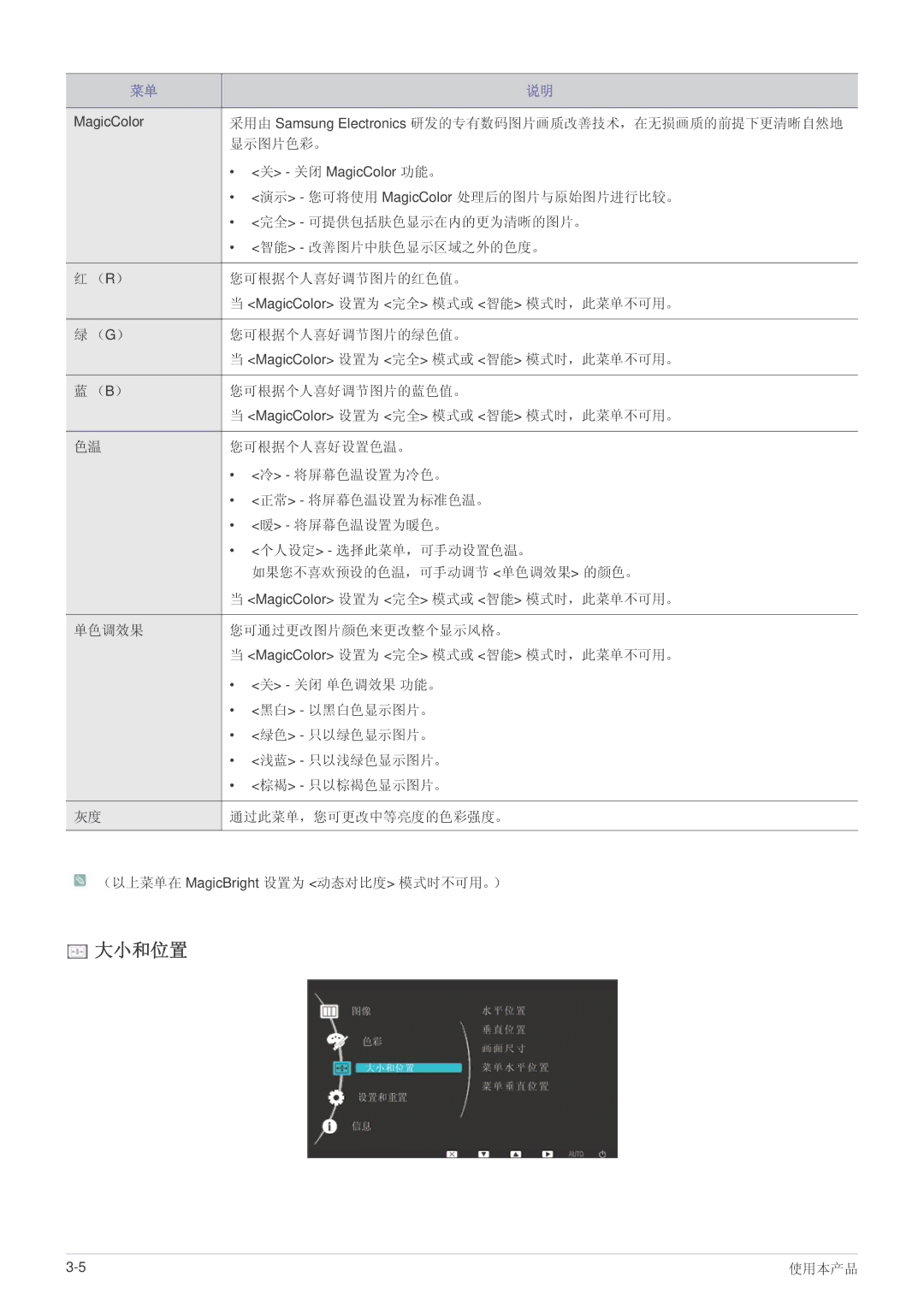 Samsung LS22LRKKUV/EN manual 大小和位置 