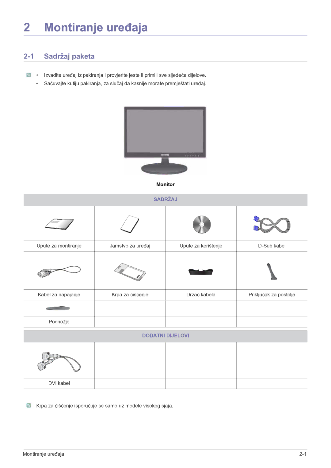 Samsung LS22LRKKUV/EN manual Montiranje uređaja, Sadržaj paketa, Dodatni Dijelovi 