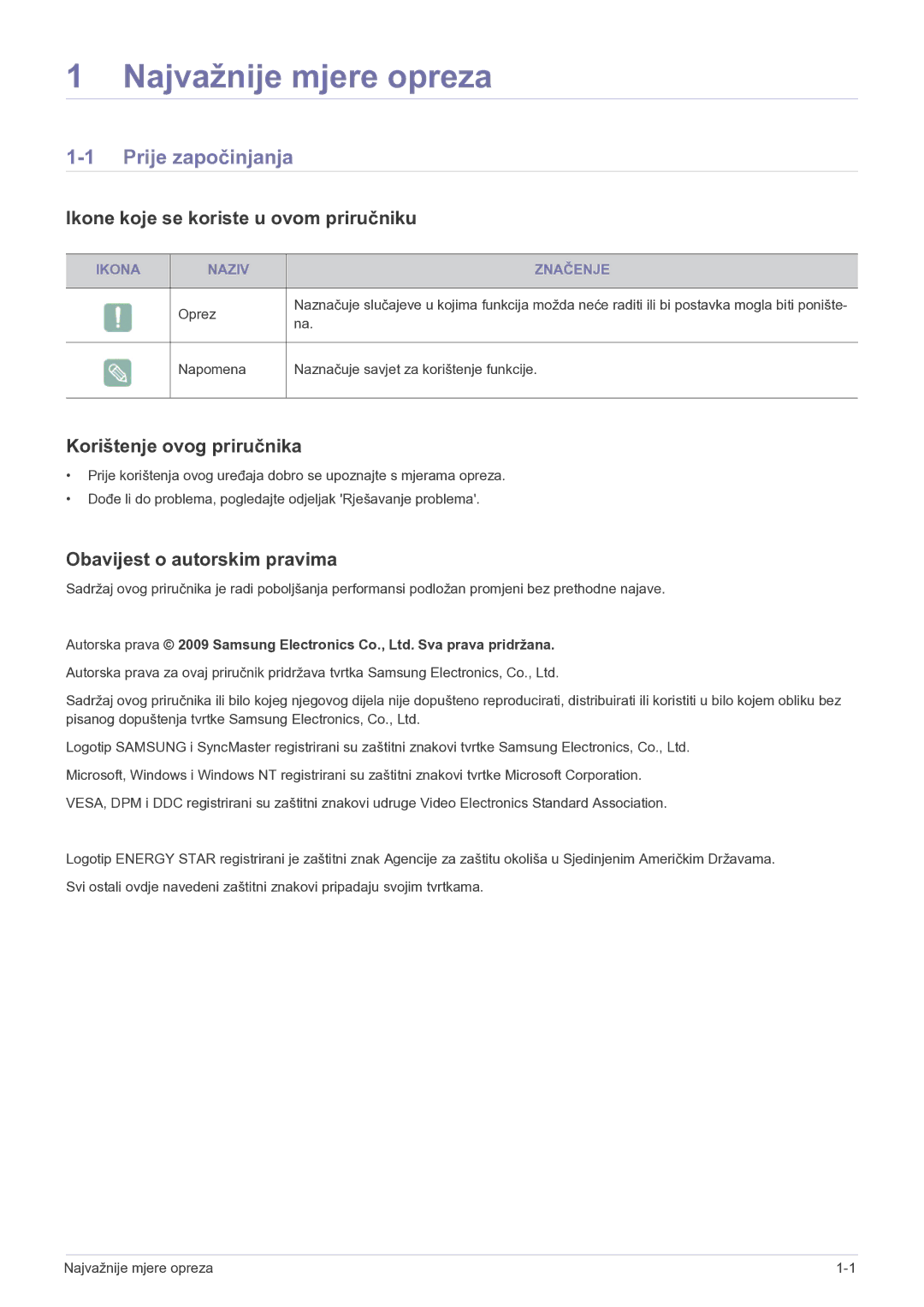 Samsung LS22LRKKUV/EN manual Najvažnije mjere opreza, Prije započinjanja, Ikone koje se koriste u ovom priručniku 