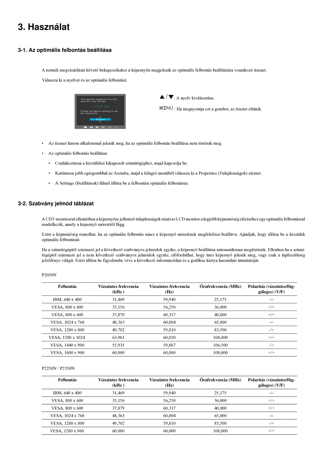 Samsung LS23LRYKU/EN manual Használat, Az optimális felbontás beállítása, Szabvány jelmód táblázat, Órafrekvencia MHz 