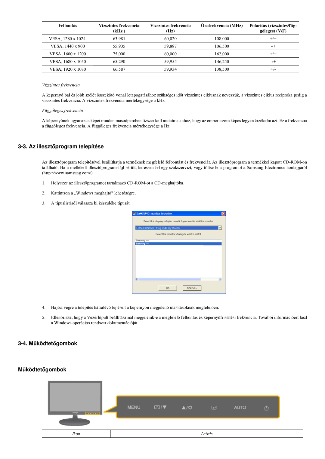 Samsung LS22LRYKU/EN, LS23LRYKU/EN manual Az illesztőprogram telepítése, Működtetőgombok 