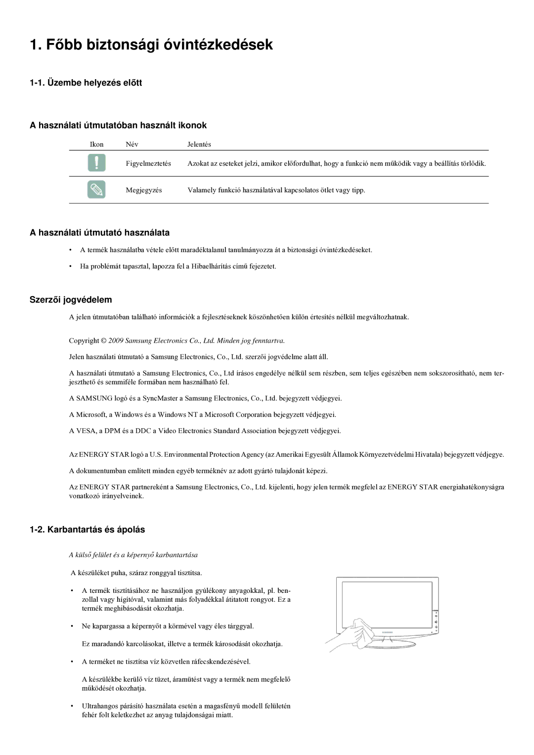 Samsung LS22LRYKU/EN, LS23LRYKU/EN manual Főbb biztonsági óvintézkedések, Használati útmutató használata, Szerzői jogvédelem 