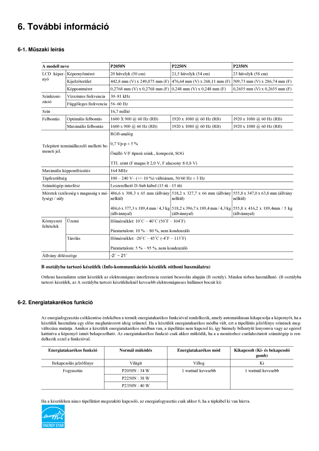 Samsung LS23LRYKU/EN, LS22LRYKU/EN manual További információ, Műszaki leírás, Energiatakarékos funkció 