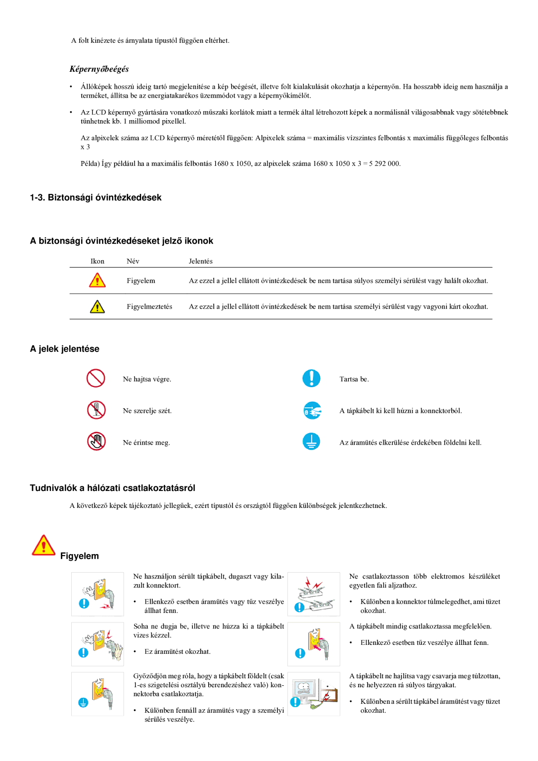 Samsung LS23LRYKU/EN, LS22LRYKU/EN manual Jelek jelentése, Tudnivalók a hálózati csatlakoztatásról, Figyelem 