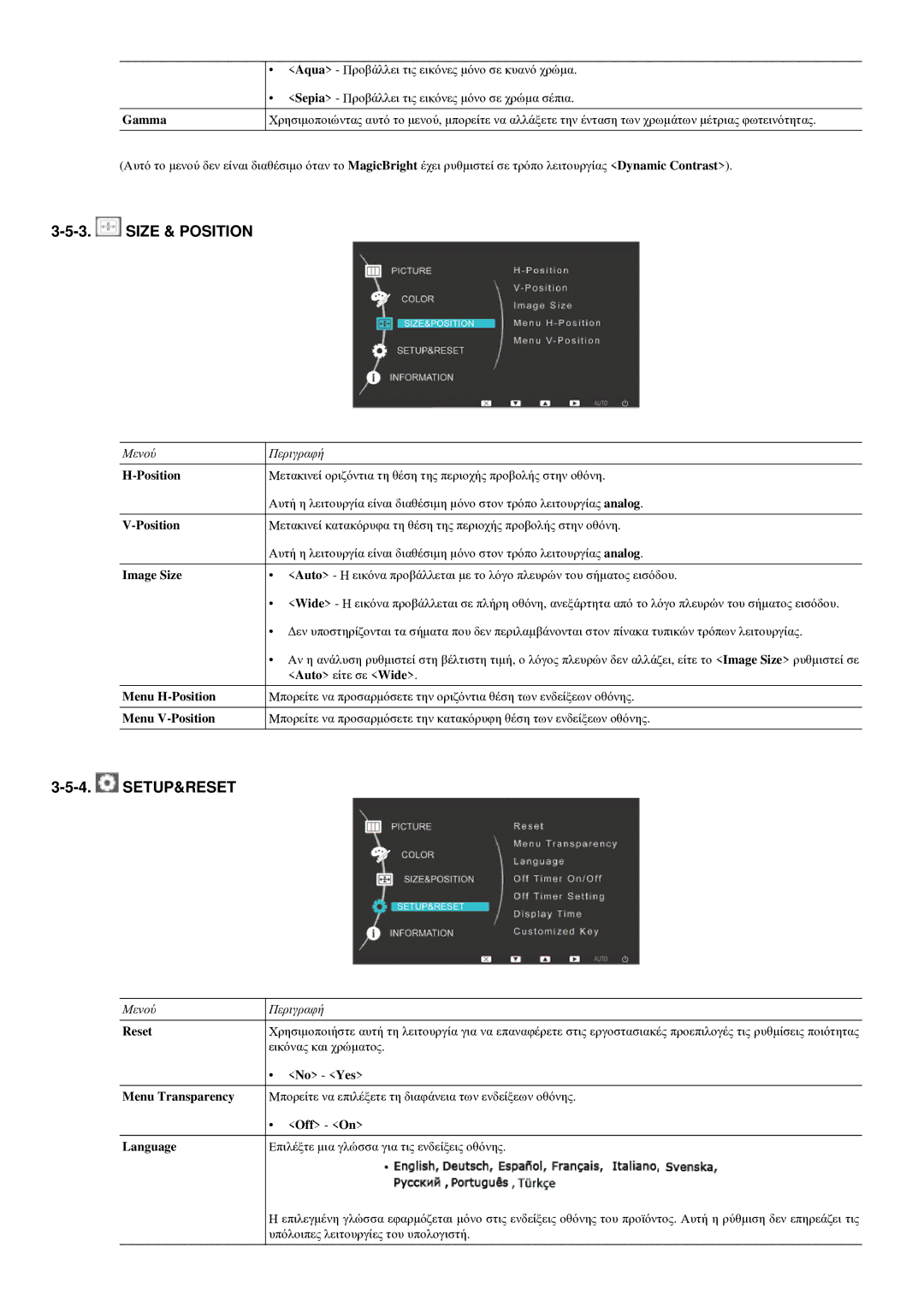 Samsung LS22LRYKU/EN manual Size & Position, Setup&Reset, Reset Menu Transparency Language 