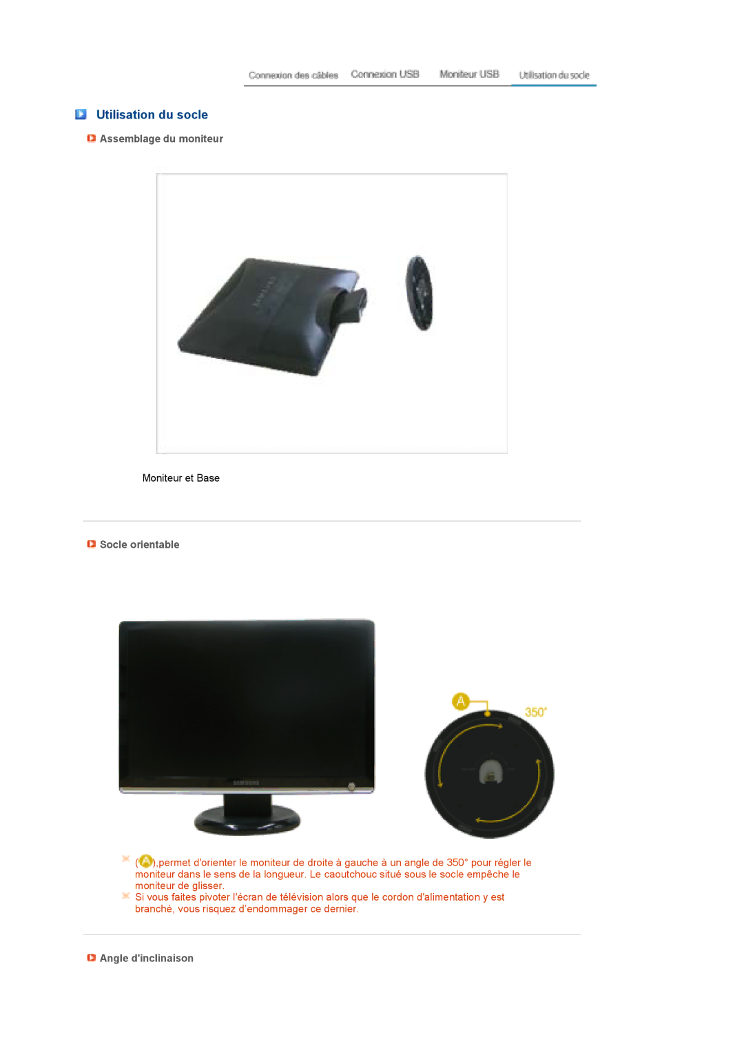 Samsung LS22MEPSF/EDC manual Utilisation du socle, Assemblage du moniteur, Socle orientable, Angle dinclinaison 